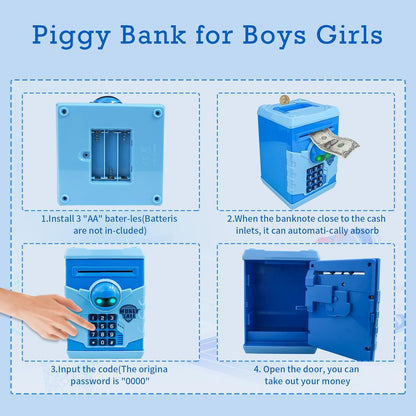 Piggy Banks for Kids, Electronic Password Code Money Banks ATM Banks Box Coin Bank for Children Boys and Girls (Baby Blue)