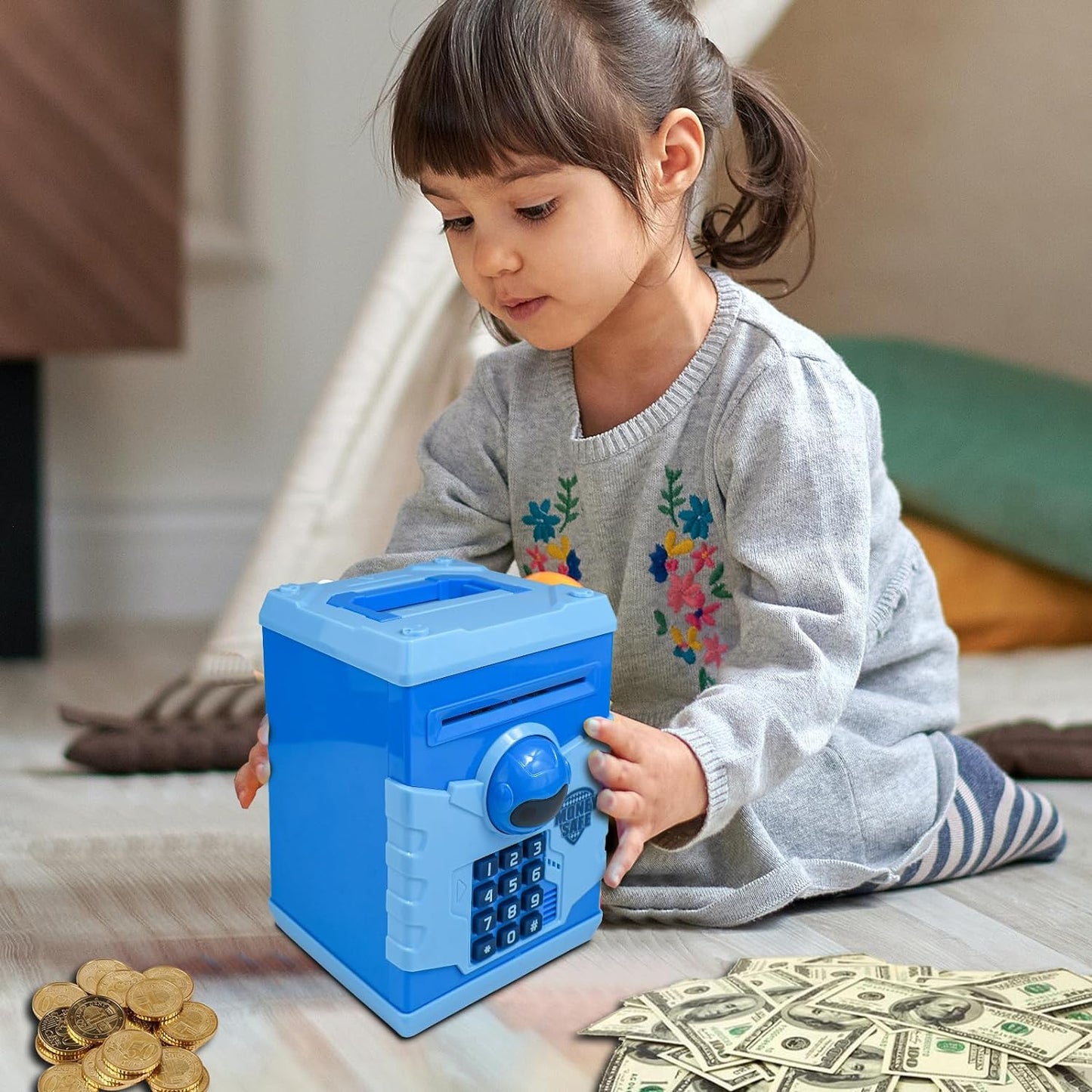 Piggy Banks for Kids, Electronic Password Code Money Banks ATM Banks Box Coin Bank for Children Boys and Girls (Baby Blue)