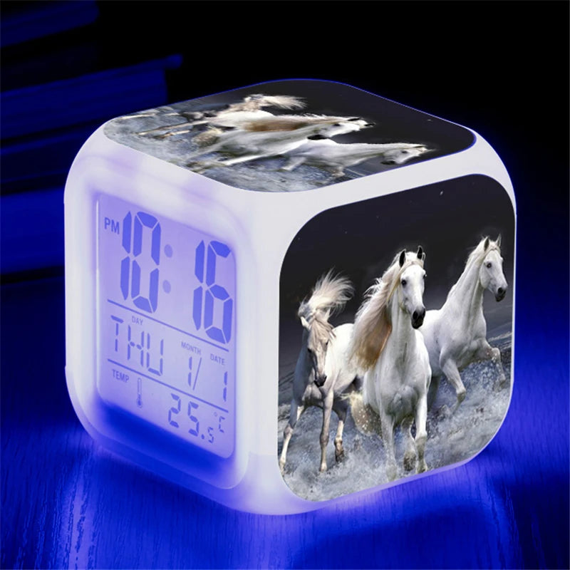 Animals Horse Digital Clocks Color Changing Despertador White Horses Led Alarm Clocks Action Figure Light up Toys Doll Kids Gift