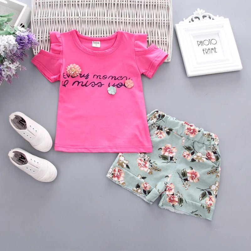 Two Pieces Cotton Girls Clothing Sets Summer Vest Sleeveless Children Sets Fashion Girls Clothes Suit Casual Floral Outfits 1-5T