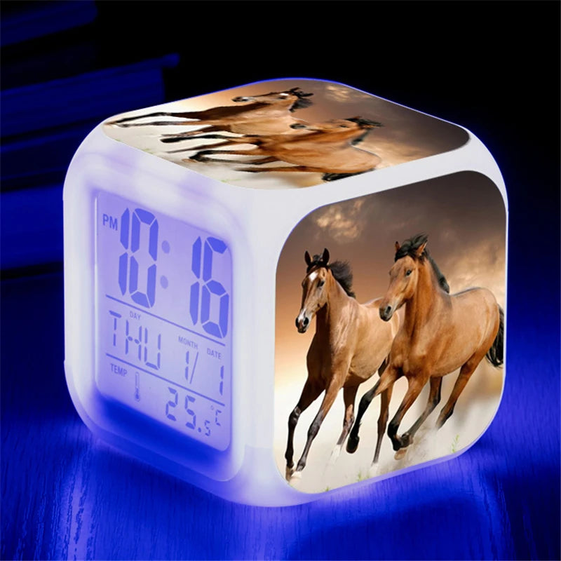 Animals Horse Digital Clocks Color Changing Despertador White Horses Led Alarm Clocks Action Figure Light up Toys Doll Kids Gift