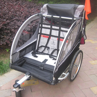 3 in 1 Twins Bike Trailer, 20 Inch Big Wheel Baby Stroller, Foldable Kids Jogger, Two Seats Outdoor Bicycle Wagon