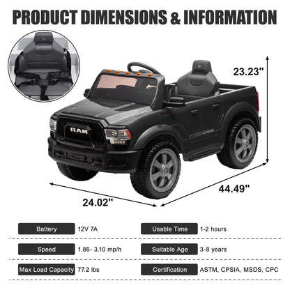 Dodge RAM Ride on Car, 12V Powered Ride on Toy with Remote Control, Rear Wheel Suspension, 5 Point Safety Belt, MP3 Player, Bluetooth, LED Lights, Electric Vehicles for 3-8 Years Boys Girls, Black