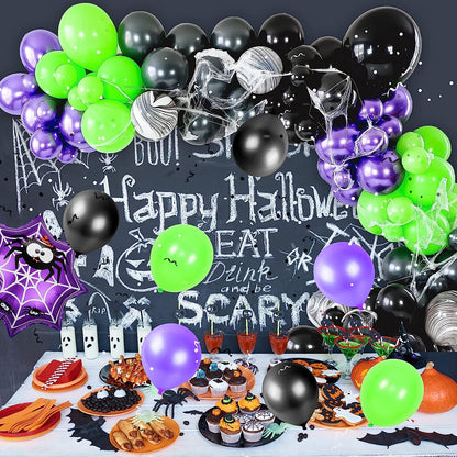 Halloween Balloon Garland, Halloween Balloon Arch Kit with Black Purple Halloween Balloons, Spider Halloween Foil Balloons, Happy Halloween Banner for Halloween Party Decorations