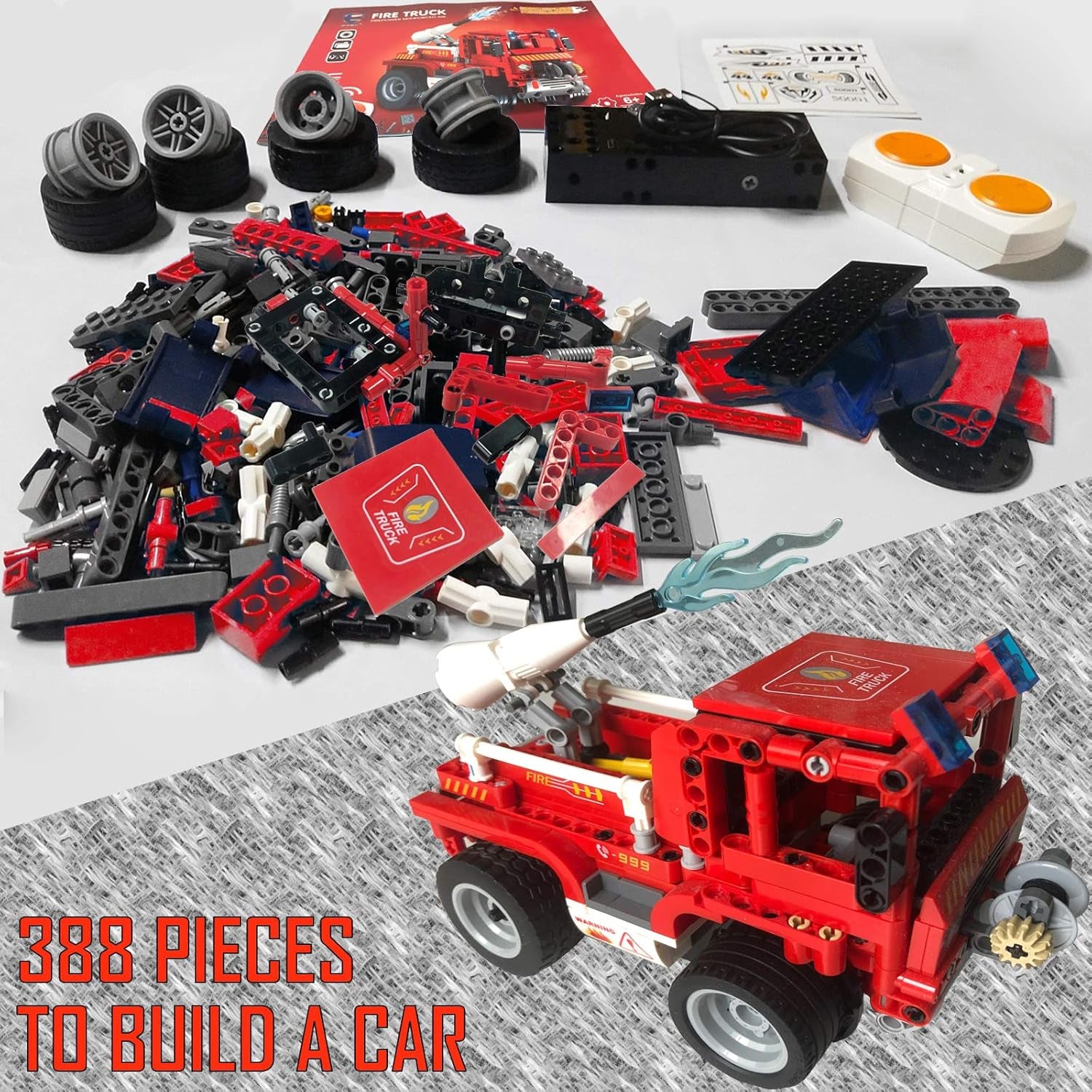 STEM Building Toys for Kids Building Blocks, Remote Control Building Kits, Engineering Learning Set for Boys & Girls 7,8,9,10+ Year Old, Engine Usb-Rechargeable (388 PCS) (Fire Engine)