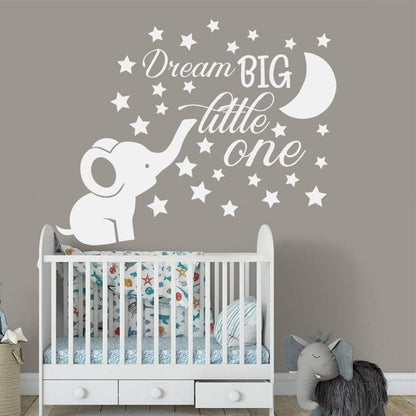 Dream Big Little One Lovely Elephant and Moon Stars Wall Decor Stickers for Kids Room Baby Girl Decals BA048 (White)