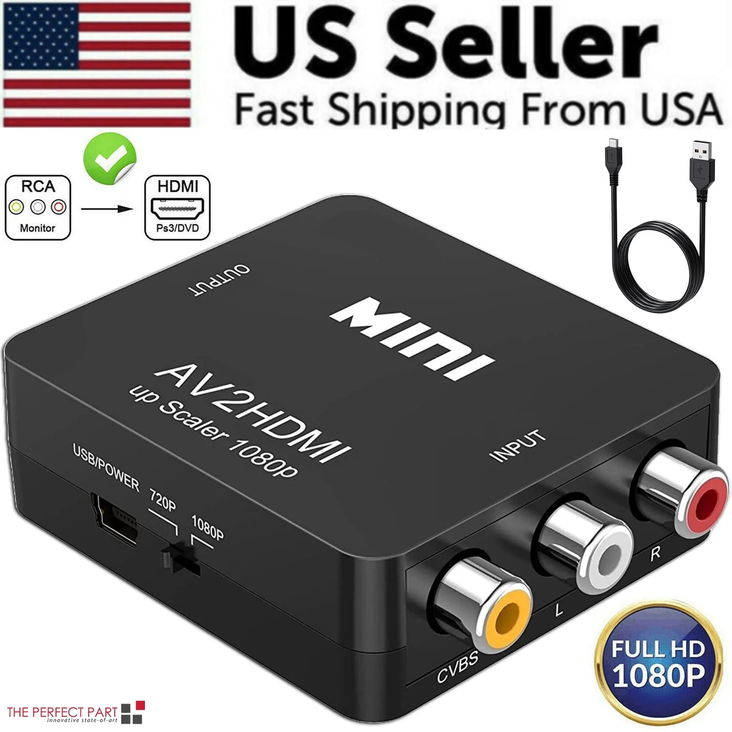 RCA to HDMI Converter Adapter AV 1080P for TV Audio Video Composite CVBS AV2HDMI