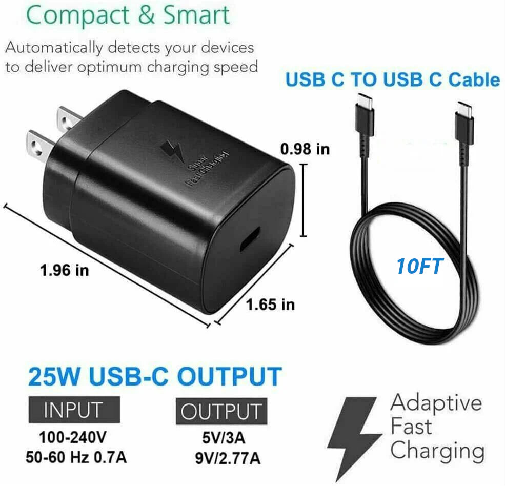 25W Super Fast Charger Type USB-C 10FT Cable for Samsung Galaxy S23 S22 S21 S20