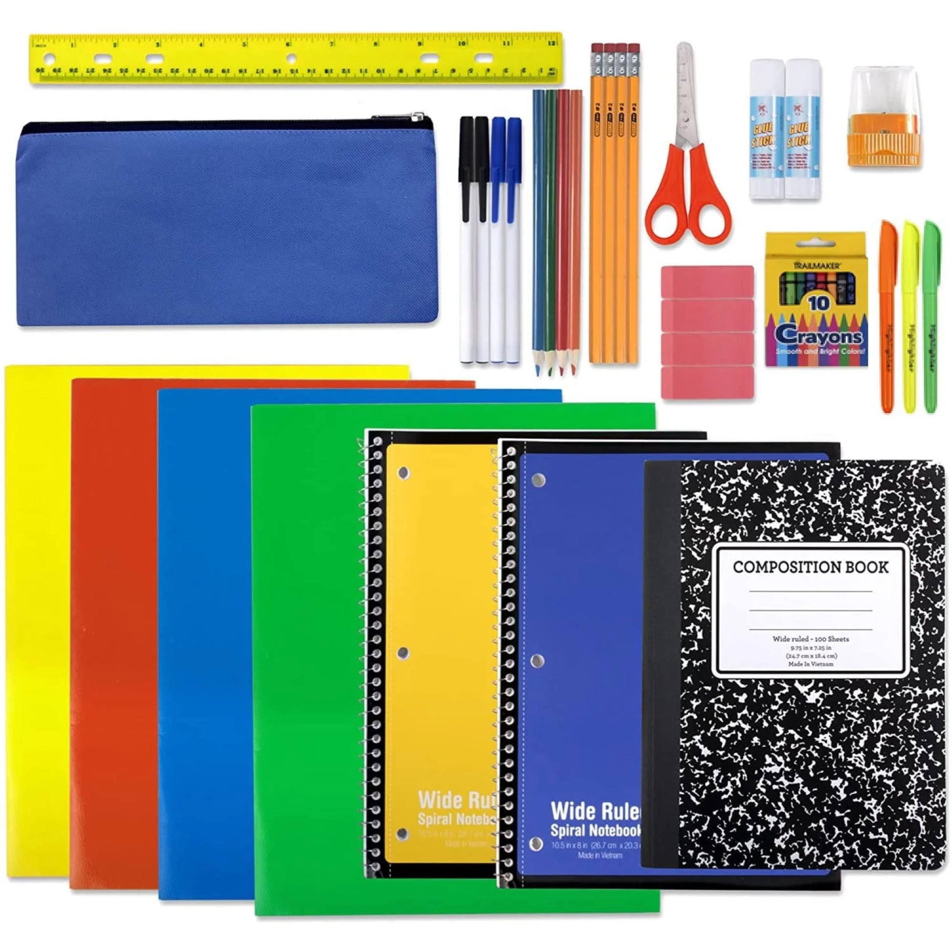 45 Piece School Supply Kit Grades K-12 - School Essentials Includes Folders Notebooks Pencils Pens and Much More!