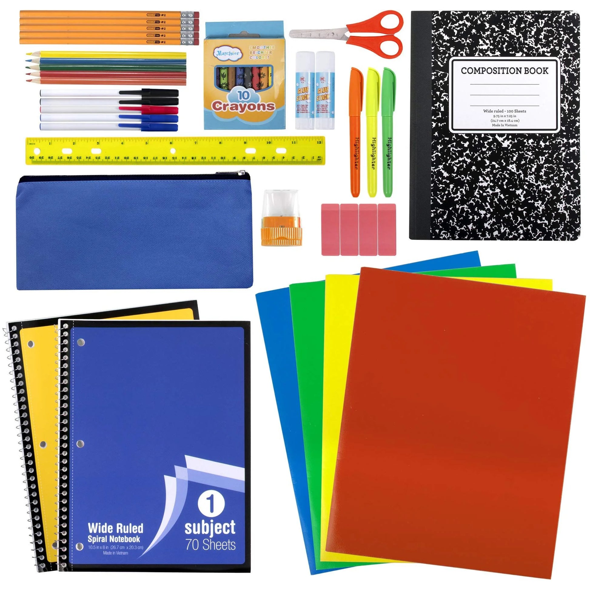 45 Piece School Supply Kit Grades K-12 - School Essentials Includes Folders Notebooks Pencils Pens and Much More!