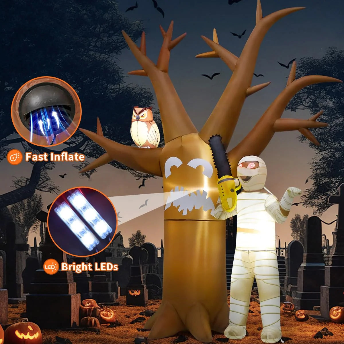 Halloween Inflatable 12 FT Inflatable Halloween Tree with Mummy, Scary Halloween Tree Inflatable Halloween Blow up Tree with LED Lights, Funny Halloween Decorations for Halloween/Holiday