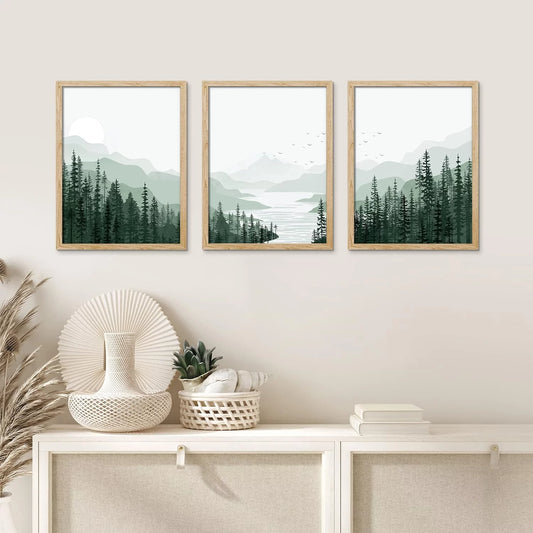 Framed Canvas Print Wall Art Set - Sage Green Mountain Range Pine Tree Forest Art - Set of 3 Nature Wilderness Landscape Wall Décor for Living Room, Bedroom - 12"X16"X3 Panels Natural