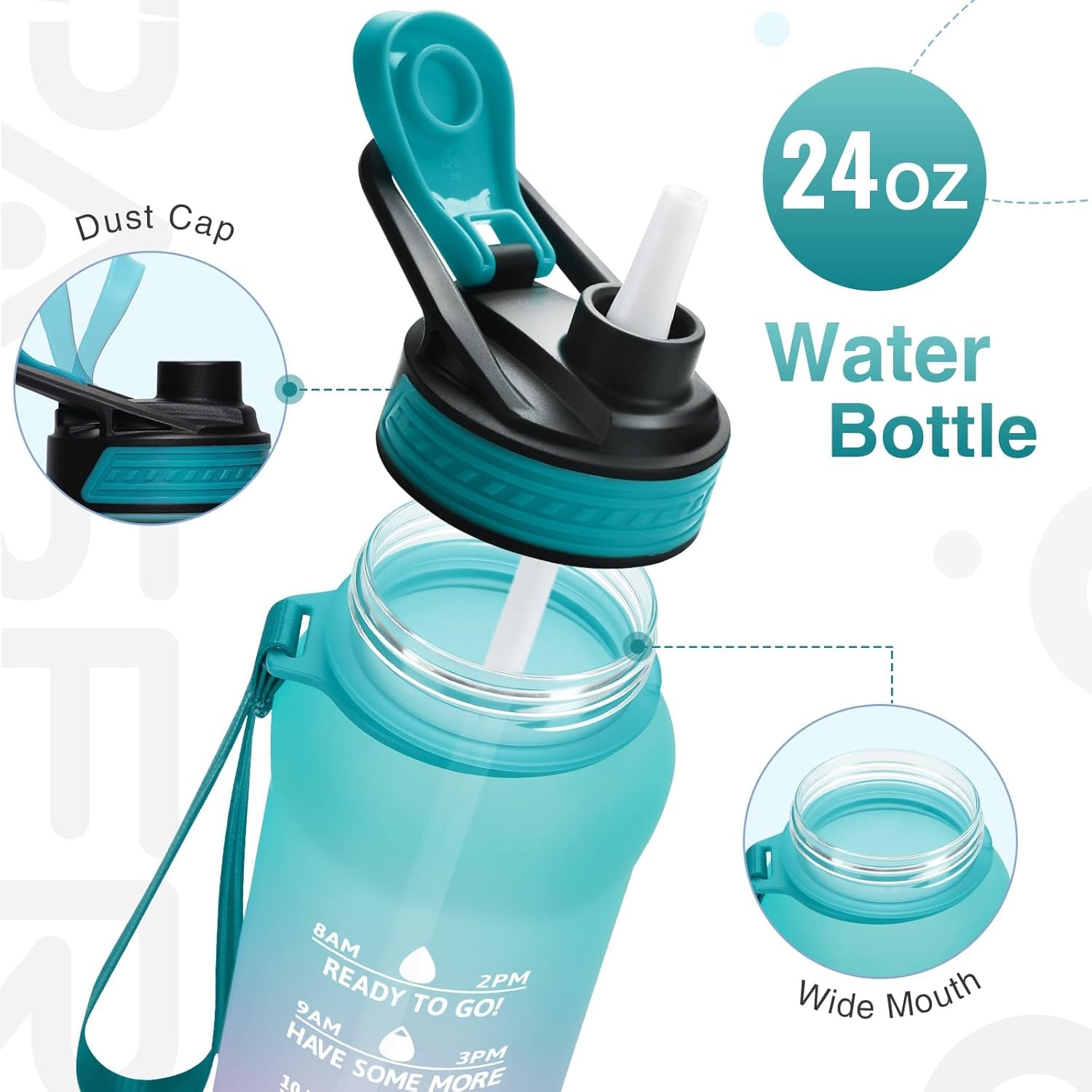 24/32 Oz Motivational Water Bottle with Time to Drink, Removable Straw & Time Marker, Tritan Bpa-Free, Flip Lid Fast Flow & Leak Proof Water Jug for School, Office, Fitness, Outdoor Sports…