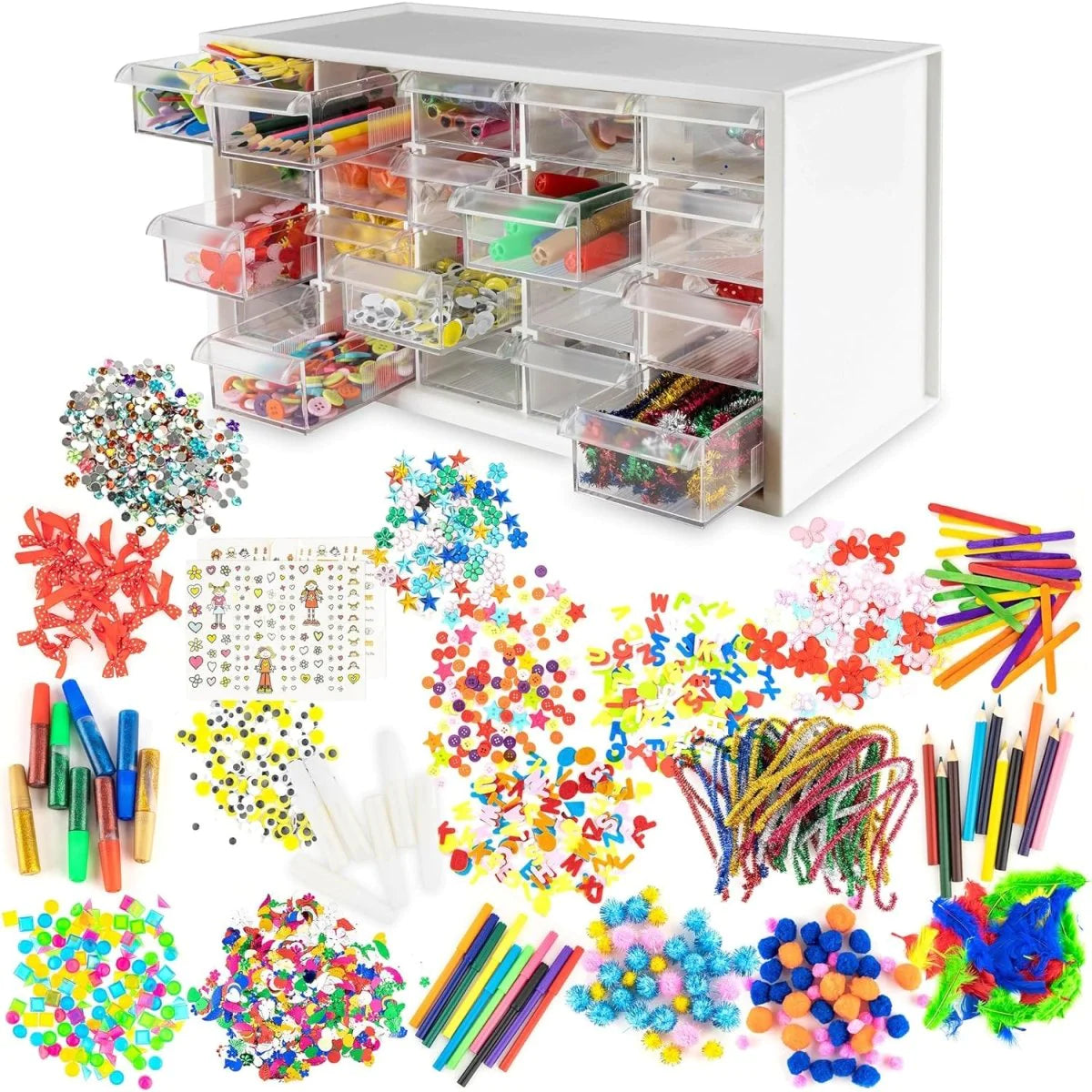 Kraftic Arts & Crafts Supplies Center for Kids Craft Kit - Complete with 20 Drawers of Creative Materials for Toddlers