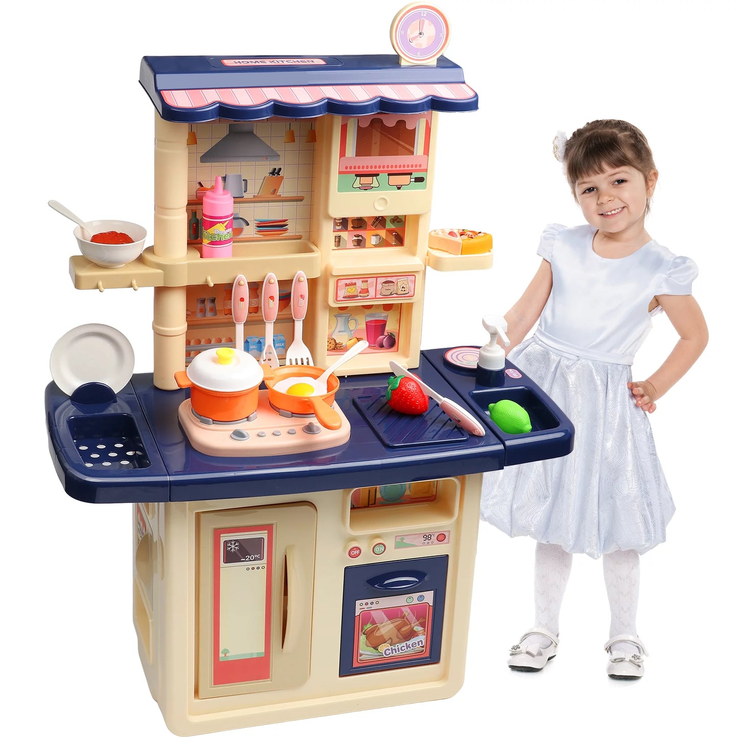 34 Inch Blue Toddler Play Kitchen Set, Pretend Play Kitchen Accessories W/ Realistic Lights and Sounds, Ideal Gift for Boys and Girls Ages 2 3 4 5 6+