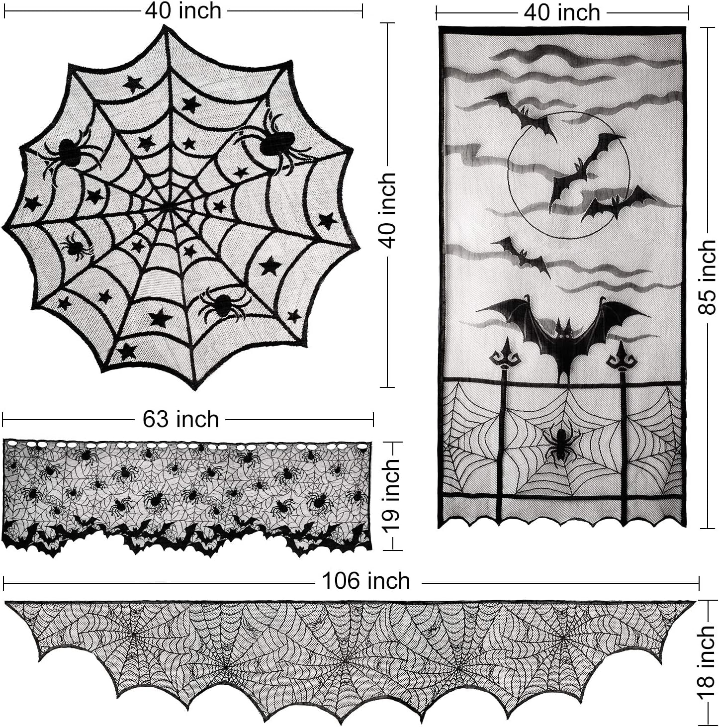 Aritiflr 5 Pack Halloween Decorations, Black Lace Party Decor, Bat Window Curtains, Spider Web Fireplace Mantel Scarf Cover, Spider Web Table Topper Tablecloth, Halloween Lamp Shade