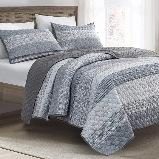 SHALALA Lightweight Quilt Sets Stripped Bedspread Soft Brushed Microfiber Bedding Sets Coverlet for All Season (Light Gray, Full/Queen)