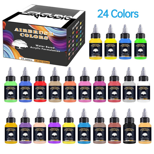 Airbrush Paint Set 12/24 Colors 30ML Opaque & Water Based Fluorescent Acrylic Paint for Shoes Nails Art DIY Model Painting