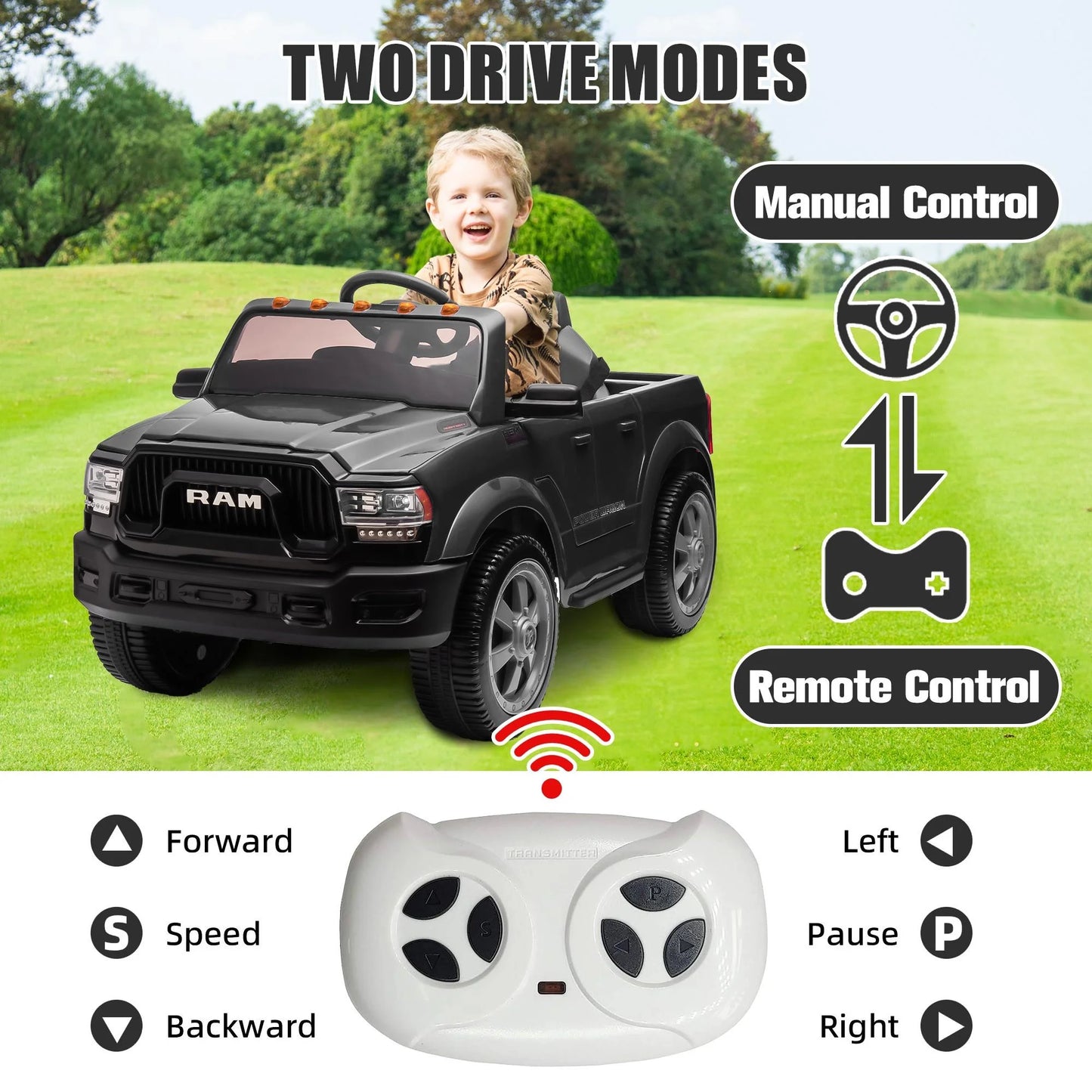 Dodge RAM Ride on Car, 12V Powered Ride on Toy with Remote Control, Rear Wheel Suspension, 5 Point Safety Belt, MP3 Player, Bluetooth, LED Lights, Electric Vehicles for 3-8 Years Boys Girls, Black