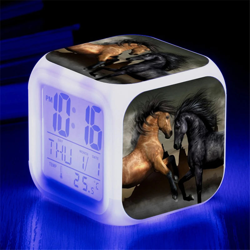 Animals Horse Digital Clocks Color Changing Despertador White Horses Led Alarm Clocks Action Figure Light up Toys Doll Kids Gift