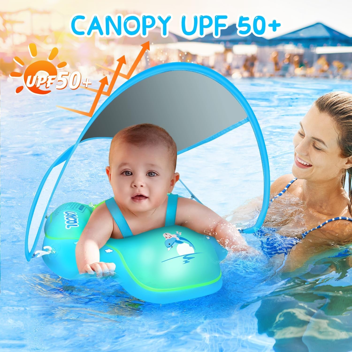 Baby Swimming Float with UPF50+ Sun Canopy Baby Floats for Pool No Flip Overbaby Pool for Baby Age of 3-36 Months (Blue, L)