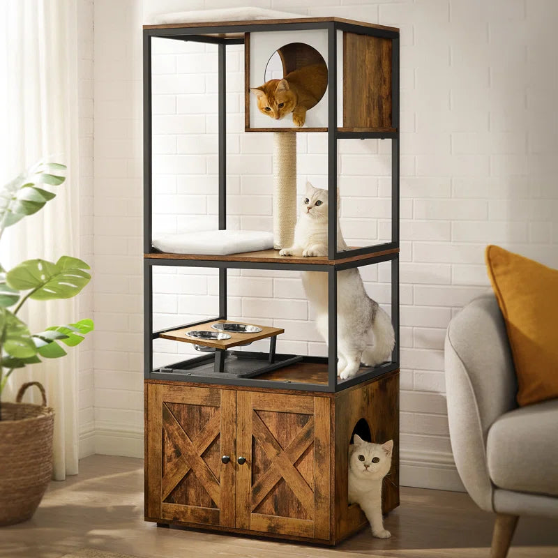 Kimmel 58" Cat Condo with Litter Box Enclosure and Elevated Bowls