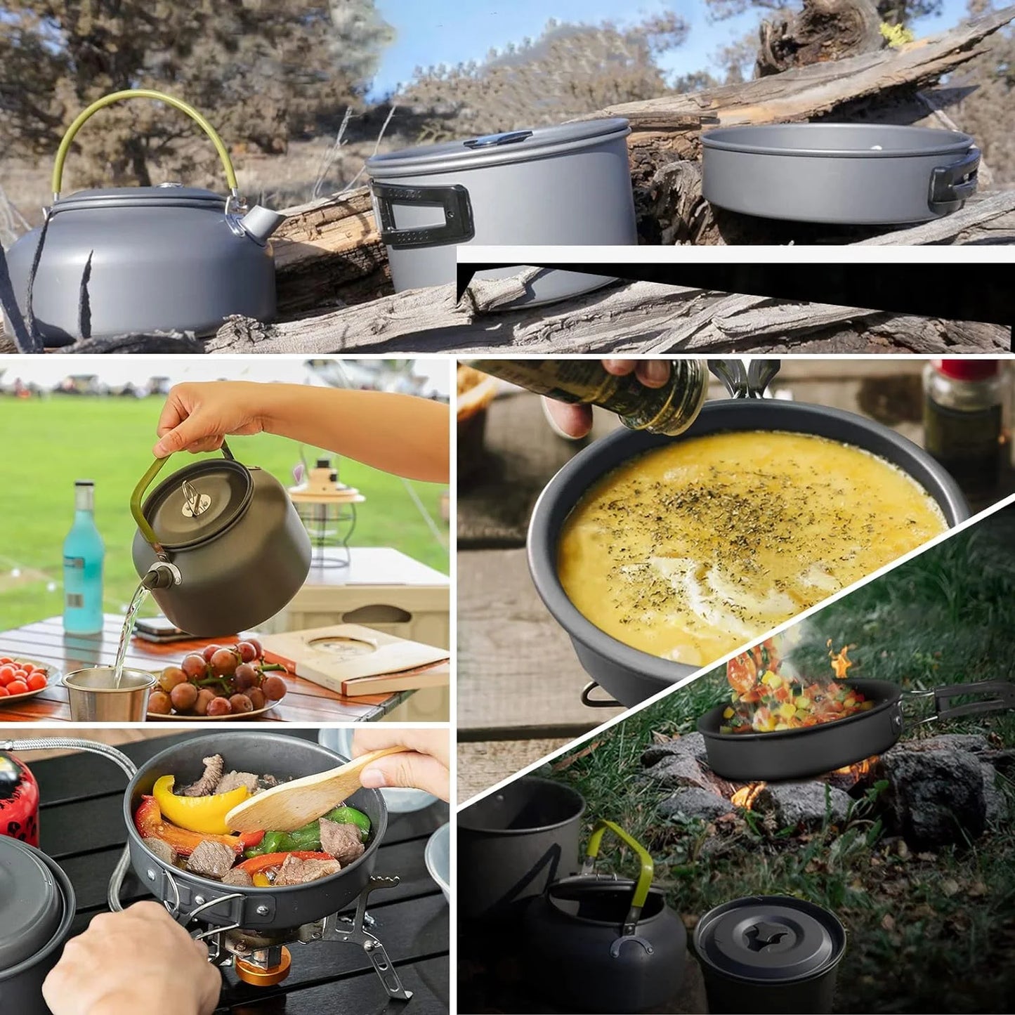 Camping Cookware Set, 10 PCS Camping Cookware Mess Kit Camping Gear with Pot Pans Kettle, Camping Cooking Set for Backpacking Outdoor Camping Hiking Picnic