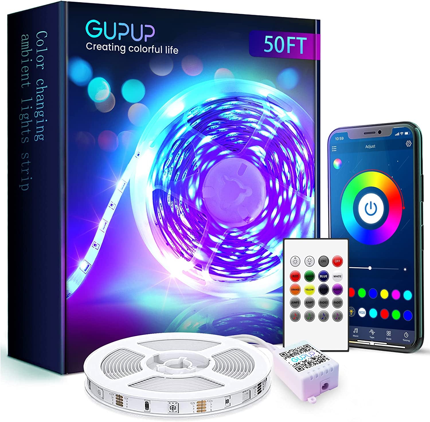 Bluetooth LED Strip Lights 50 Ft, Color Changing LED Lights for Bedroom,Built-In-Mic,Music Sync LED Light Strips,Phone Smart Controlled(App+Remote+Mic)