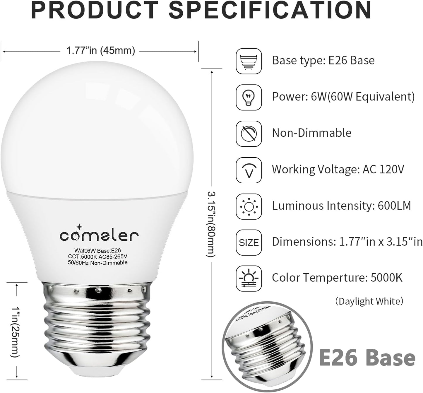 6W A15 LED Bulb Daylight 60 Watt Equivalent, E26 Medium Screw Base Small Light Bulb Cool White 5000K, Home Lighting Decorative Ceiling Fan Light Bulbs Non-Dimmable(Pack of 6) …