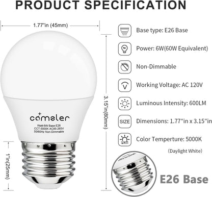 6W A15 LED Bulb Daylight 60 Watt Equivalent, E26 Medium Screw Base Small Light Bulb Cool White 5000K, Home Lighting Decorative Ceiling Fan Light Bulbs Non-Dimmable(Pack of 6) …