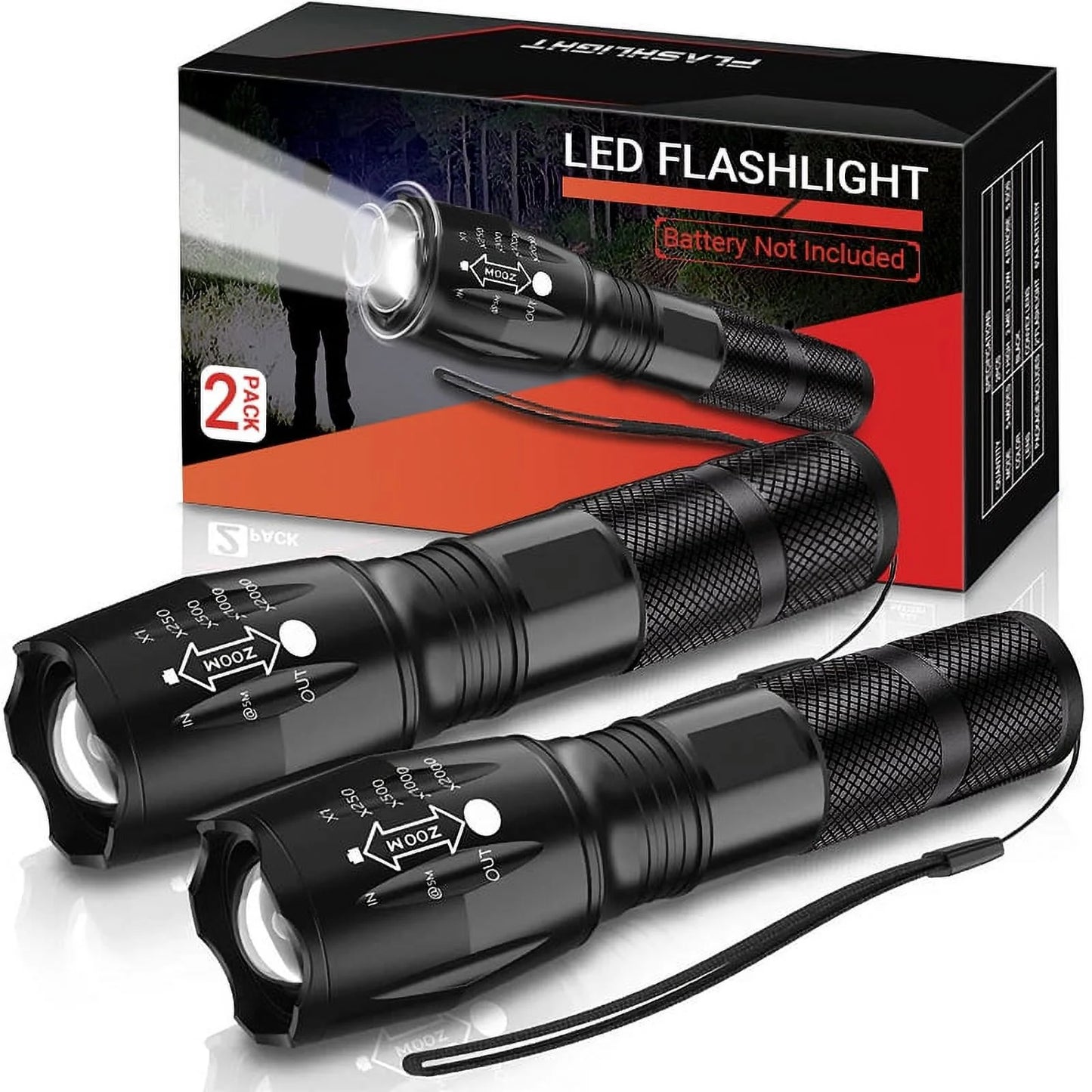 LED Flashlight, 2Pack Zoomable Flashlights Portable Handheld Tactical Flashlights (Battery Not Included)