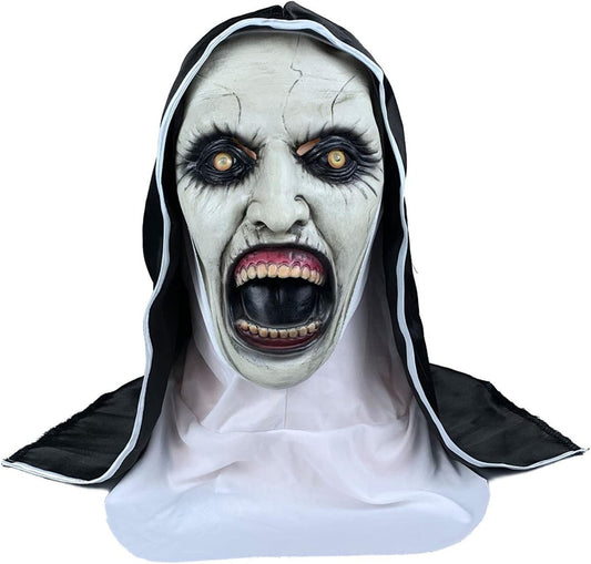 Scary the Nun Mask Conjuring Costume Adult Latex Masks with Headscarf Creepy Nun Cosplay Costumes Halloween Horror Movie Role Play Dress up Party Props