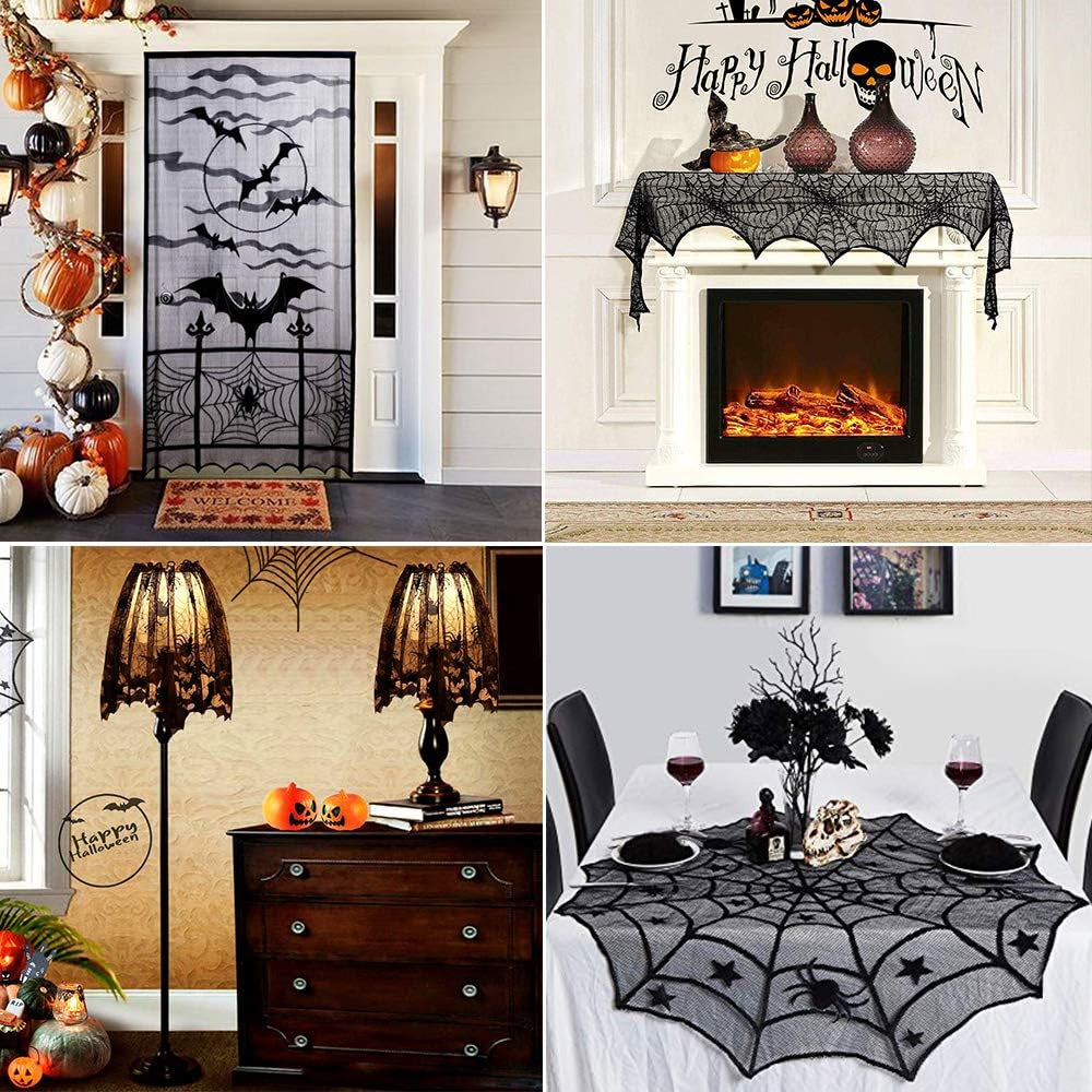 Aritiflr 5 Pack Halloween Decorations, Black Lace Party Decor, Bat Window Curtains, Spider Web Fireplace Mantel Scarf Cover, Spider Web Table Topper Tablecloth, Halloween Lamp Shade