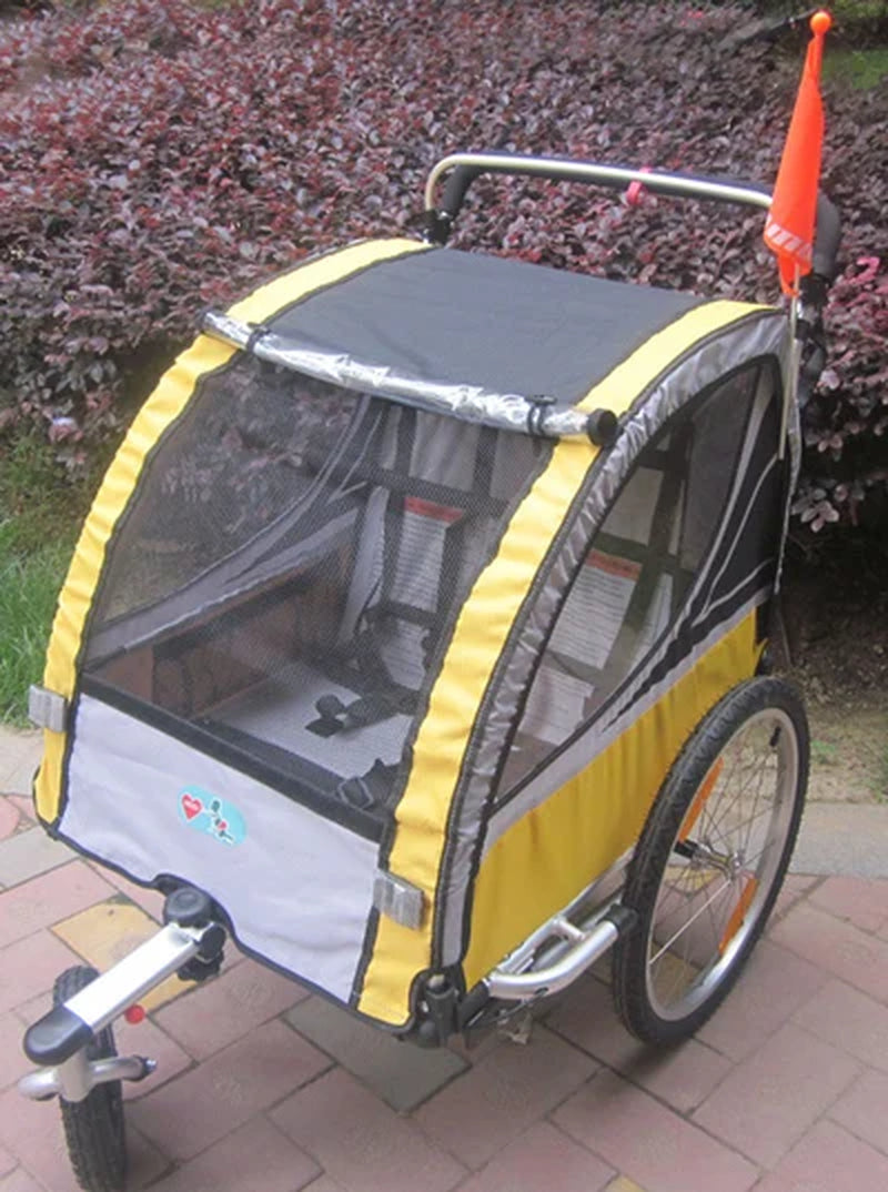 3 in 1 Twins Bike Trailer, 20 Inch Big Wheel Baby Stroller, Foldable Kids Jogger, Two Seats Outdoor Bicycle Wagon