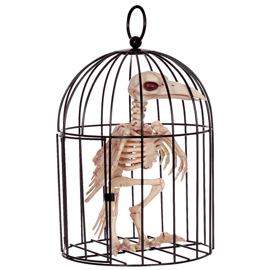 9.5" Skeleton Crow in a Cage Halloween Decoration