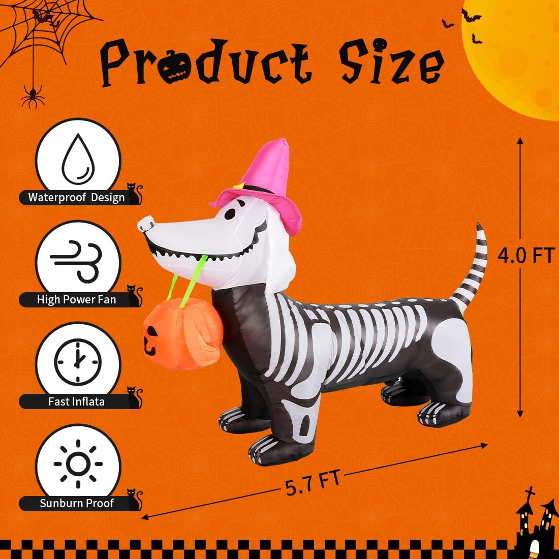 Halloween Inflatable 5.7 FT Halloween Dog Inflatable, Halloween Dog Skeleton Decorations Halloween Inflatables Dog with Build-In Leds, Outdoor Halloween Decorations Clearance for Holiday/Party