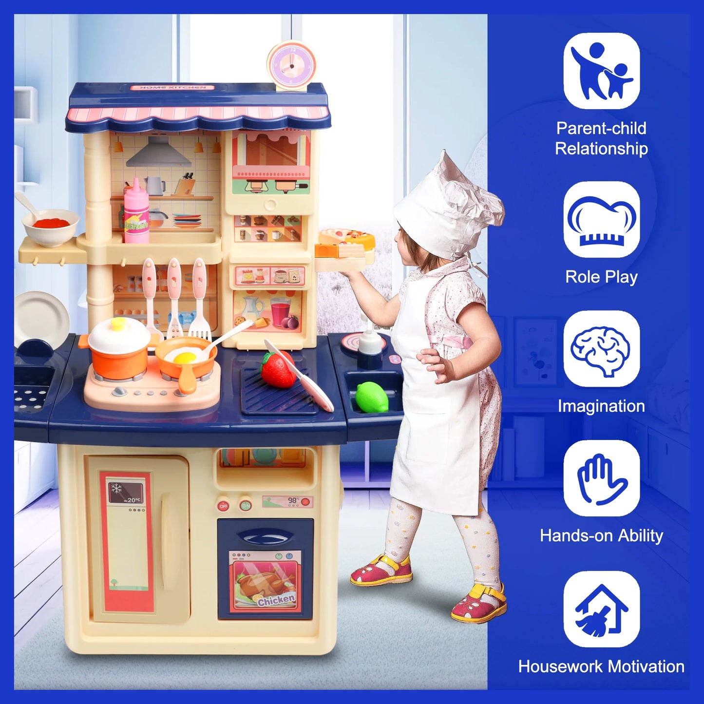 34 Inch Blue Toddler Play Kitchen Set, Pretend Play Kitchen Accessories W/ Realistic Lights and Sounds, Ideal Gift for Boys and Girls Ages 2 3 4 5 6+