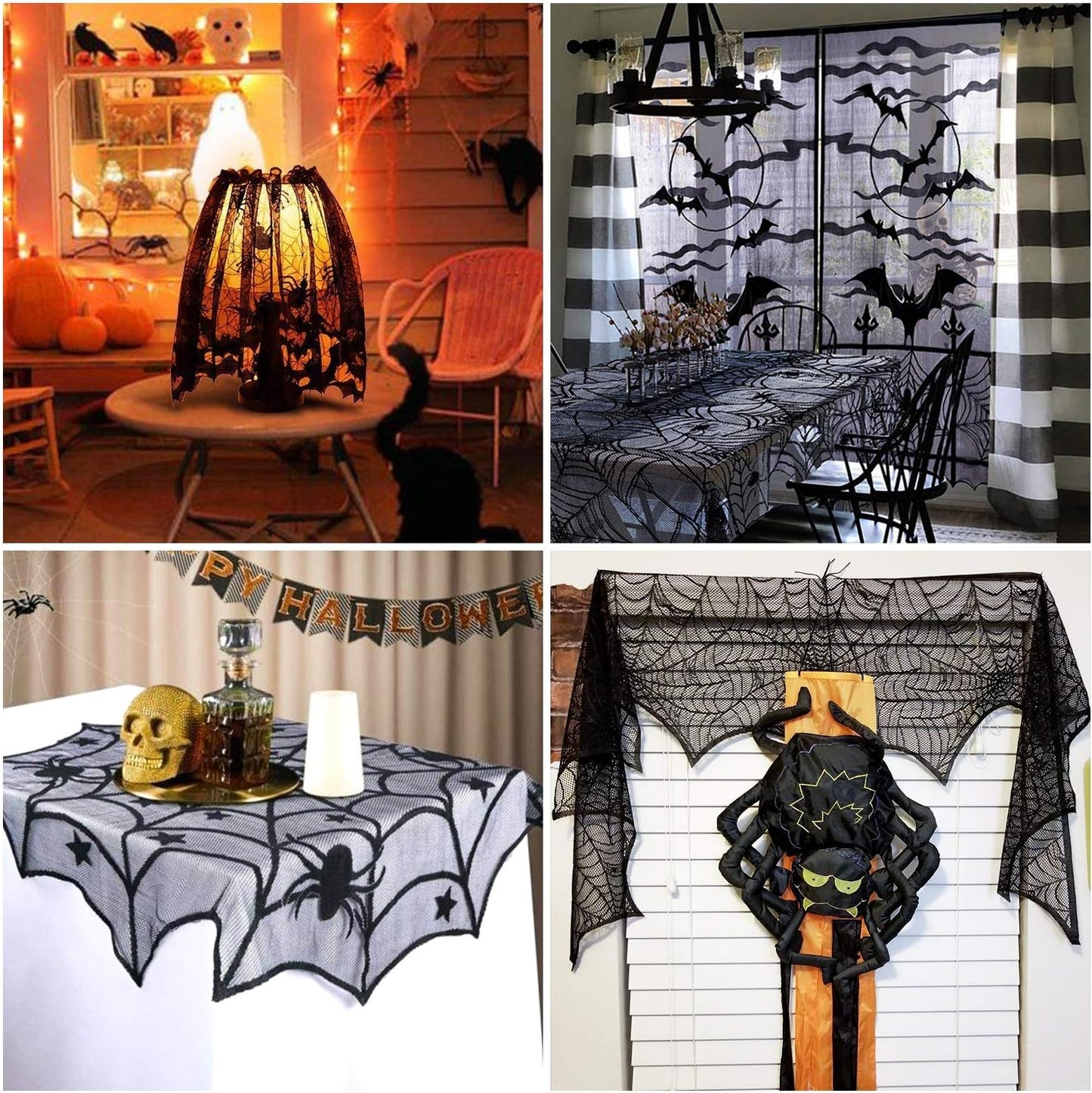 Aritiflr 5 Pack Halloween Decorations, Black Lace Party Decor, Bat Window Curtains, Spider Web Fireplace Mantel Scarf Cover, Spider Web Table Topper Tablecloth, Halloween Lamp Shade