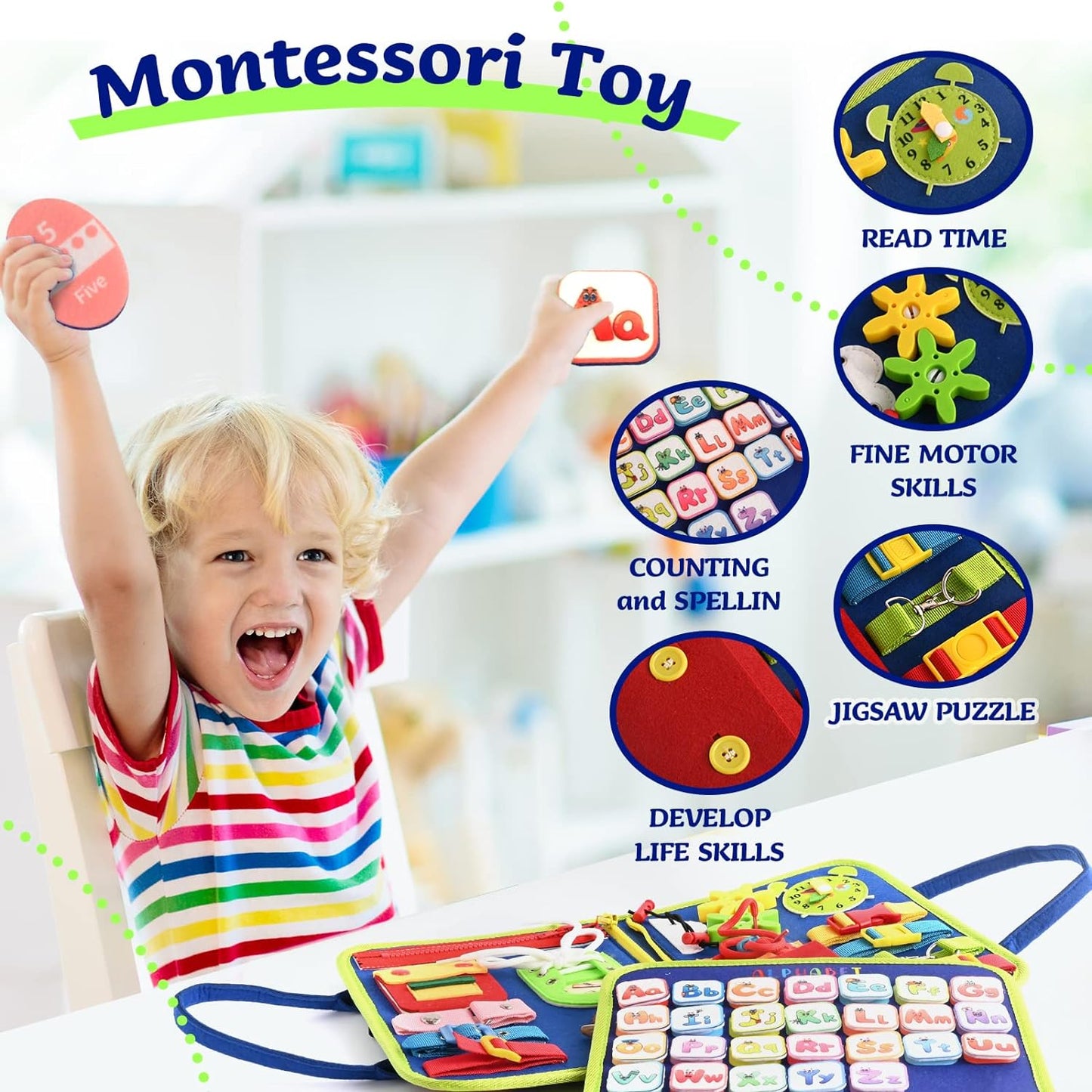 Busy Board Montessori Toys for 3 4 5 Year Old, Toddler Toys, Sensory Toys Preschool Learning Toys Gifts for Toddlers, Autism Toys, Educational Travel Toy for Fine Motor Skills