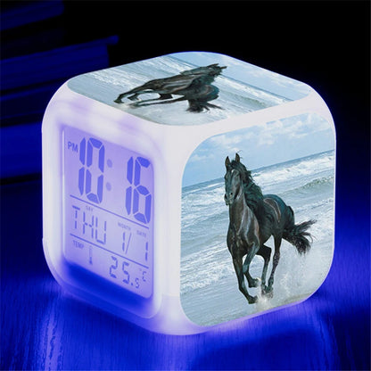 Animals Horse Digital Clocks Color Changing Despertador White Horses Led Alarm Clocks Action Figure Light up Toys Doll Kids Gift