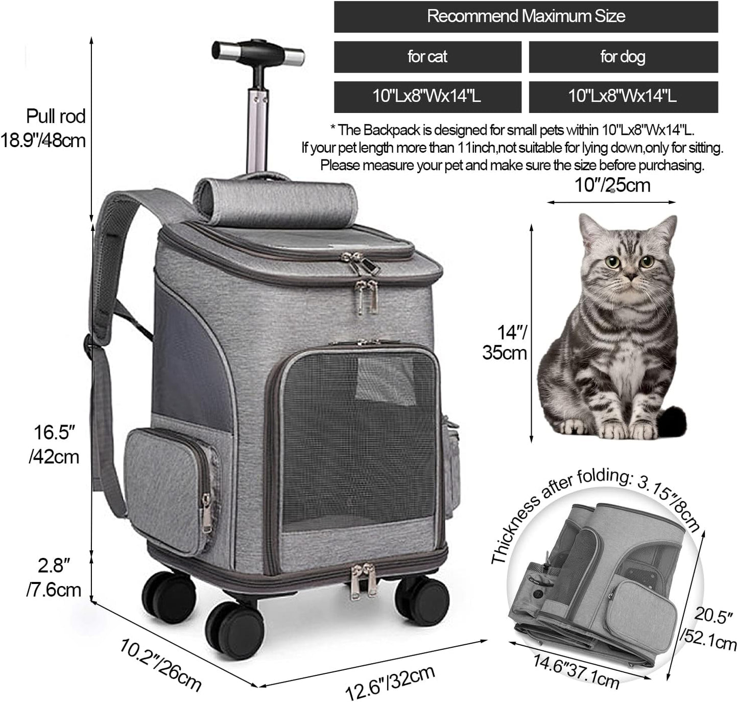 Airline Approved Pet Carrier Backpack with Wheels(Large Space),Rolling Backpack with Durable Handle and Flexible Wheels,Breathable Durable Mesh Panels(Most Airplane Approved)