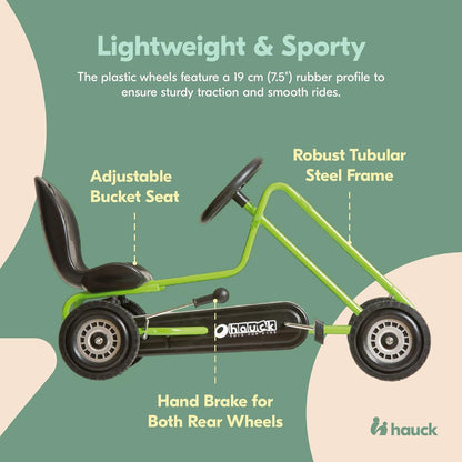 Lightning Ride on Pedal Go Kart Toy with Ergonomic Adjustable Bucket Seat, Handbrake, and Sharp Handling for Boys and Girls, Green