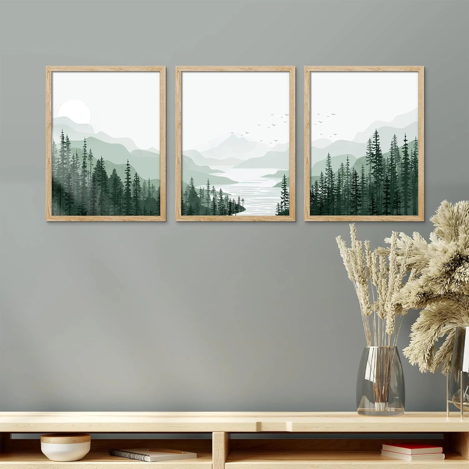 Framed Canvas Print Wall Art Set - Sage Green Mountain Range Pine Tree Forest Art - Set of 3 Nature Wilderness Landscape Wall Décor for Living Room, Bedroom - 12"X16"X3 Panels Natural