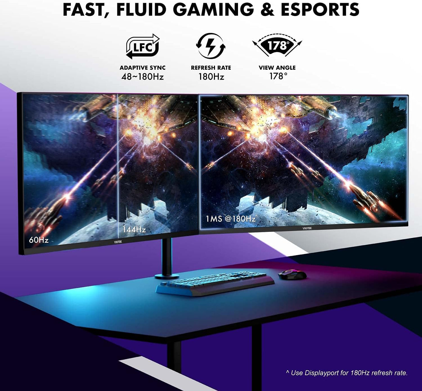 GFI27DBXA 27 Inch 180Hz QHD 1440P 1Ms Gaming Monitor with HDR, Gsync/Freesync Compatible, HDMI 2.0, Displayport 1.4, VESA, 141% Srgb & over 1 Billion Colors – 3 Years Zero Dead Pixels