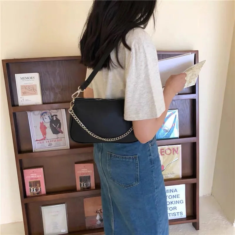 Vintage Women Armpit Bag Luxury Designer Wide Strap Shoulder Bag Female Chain Messenger Bag Leather Ladies Purses and Handbags