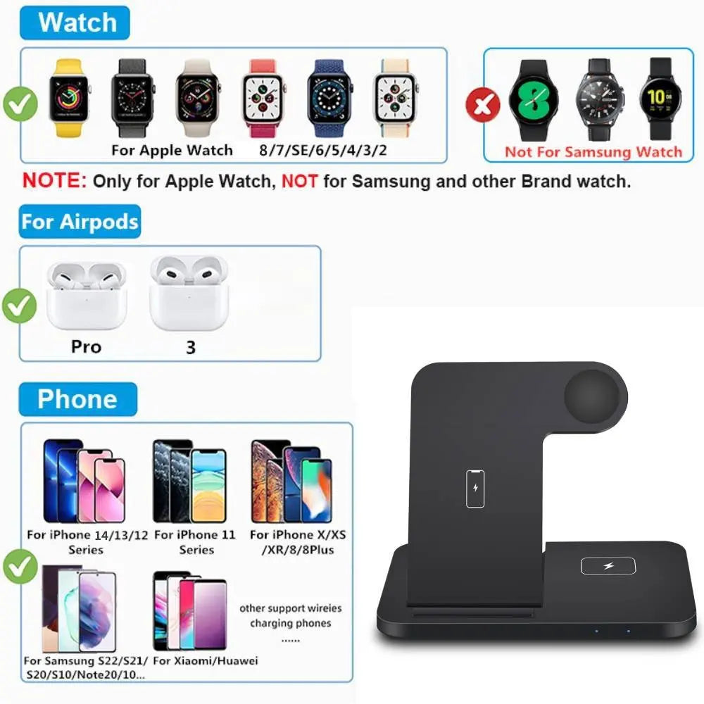 3 in 1 15W Fast Wireless Charger Charging Dock Station for Iphone 15 14 13 12 11 Pro MAX XR X 8 Apple Watch 8 7 6 SE Airpods Pro