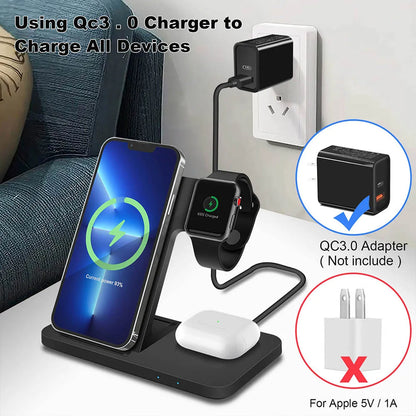 3 in 1 15W Fast Wireless Charger Charging Dock Station for Iphone 15 14 13 12 11 Pro MAX XR X 8 Apple Watch 8 7 6 SE Airpods Pro