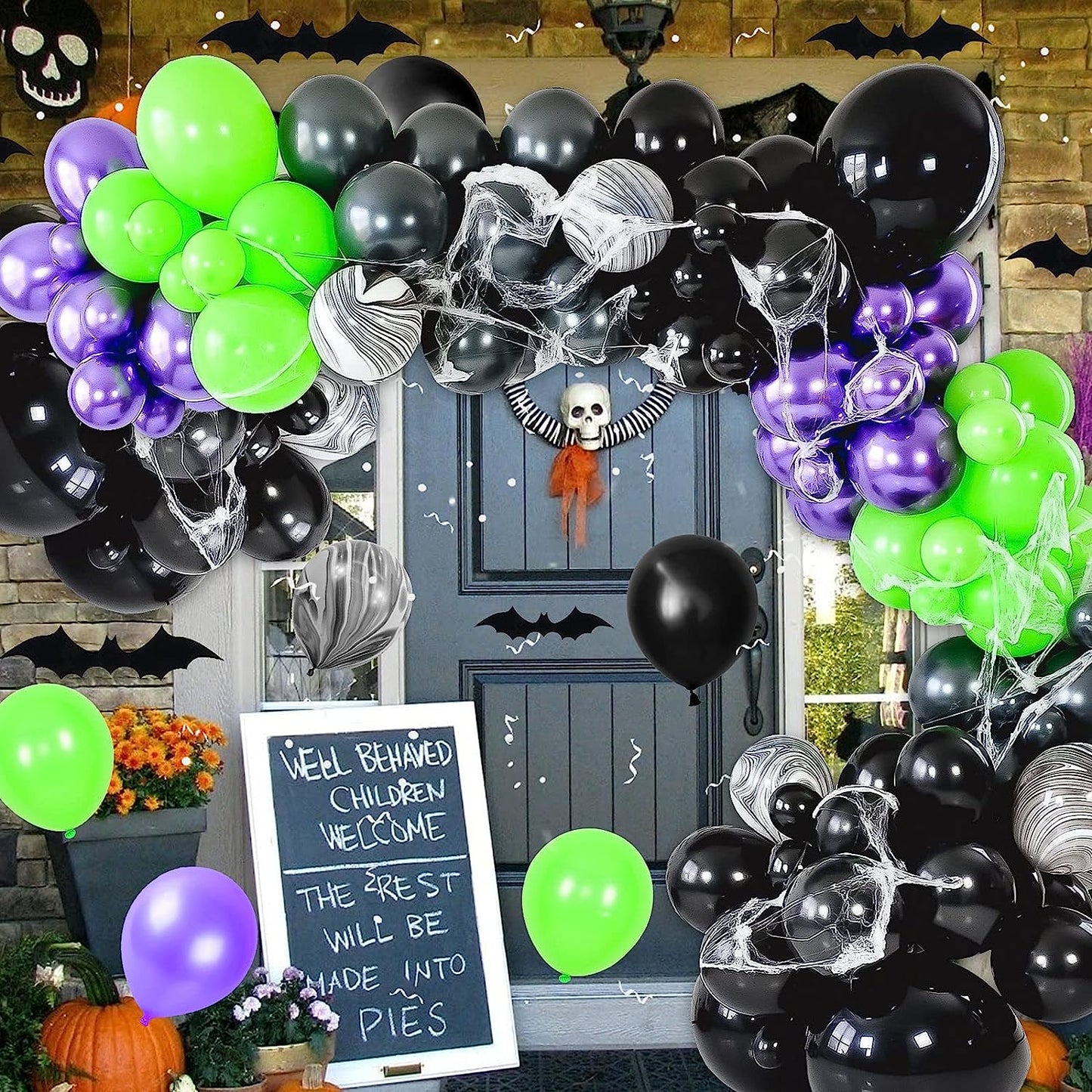 Halloween Balloon Garland, Halloween Balloon Arch Kit with Black Purple Halloween Balloons, Spider Halloween Foil Balloons, Happy Halloween Banner for Halloween Party Decorations