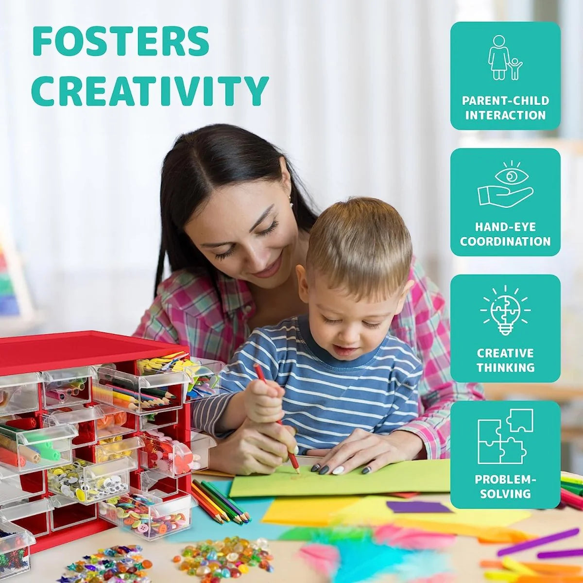 Kraftic Arts & Crafts Supplies Center for Kids Craft Kit - Complete with 20 Drawers of Creative Materials for Toddlers