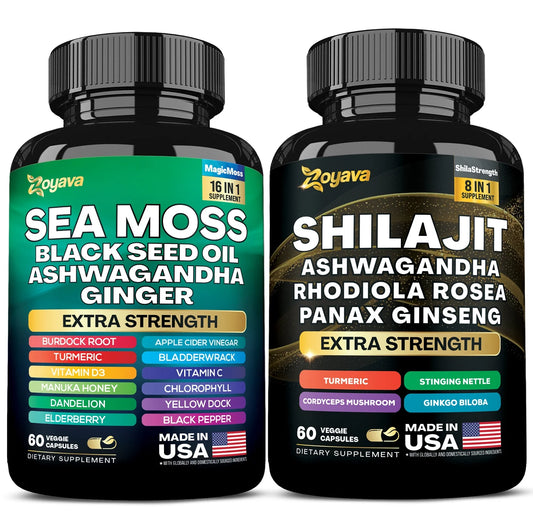 Sea Moss Capsules 16-In-1 19,445 MG (60 Caps) and Shilajit 8-In-1 15,250 MG (60 Caps) Dynamic Vitality Bundle, Ashwagandha, Turmeric, Bladderwrack, Panax Ginseng, Rhodiola Rosea, 24 Ingredients